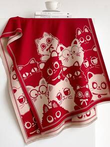 1pc Multi‑Cat Character Motif Stripe Border 65*185cm Rectangle Scarf, Thick Faux Cashmere Brushed Polyester Winter Shawl For Travel Party Daily Outing - Multicolor - View 4