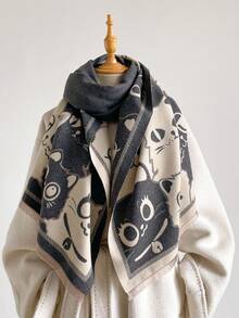 1pc Multi‑Cat Character Motif Stripe Border 65*185cm Rectangle Scarf, Thick Faux Cashmere Brushed Polyester Winter Shawl For Travel Party Daily Outing - Multicolor - View 6