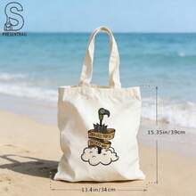 1 pieza, bolso de mano de lona estampado clásico de , con diseño vintage de cabeza de pájaro pintada, paraguas y nubes, eslogan en inglés, elegante bolso de gran capacidad, bolsa - A - Ver 7