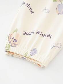 2pcs Cute Animal Print Patchwork Colorblock Ruffle Collar Short Sleeve Long Pants Pajama Set For Women - Apricot - View 9