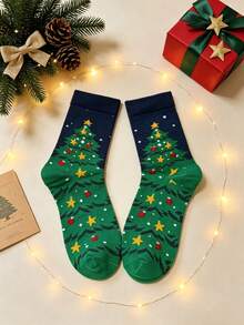 4/1 Pair Christmas Theme Christmas Tree Pattern Mid-Calf Socks Autumn Winter Holiday Atmosphere Comfortable Skin-Friendly Breathable Festive Gift Versatile Women's Socks - Green - View 7