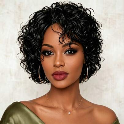 Wig Keriting Pendek, Wig Bob Keriting Afrika dengan Poni untuk Wanita