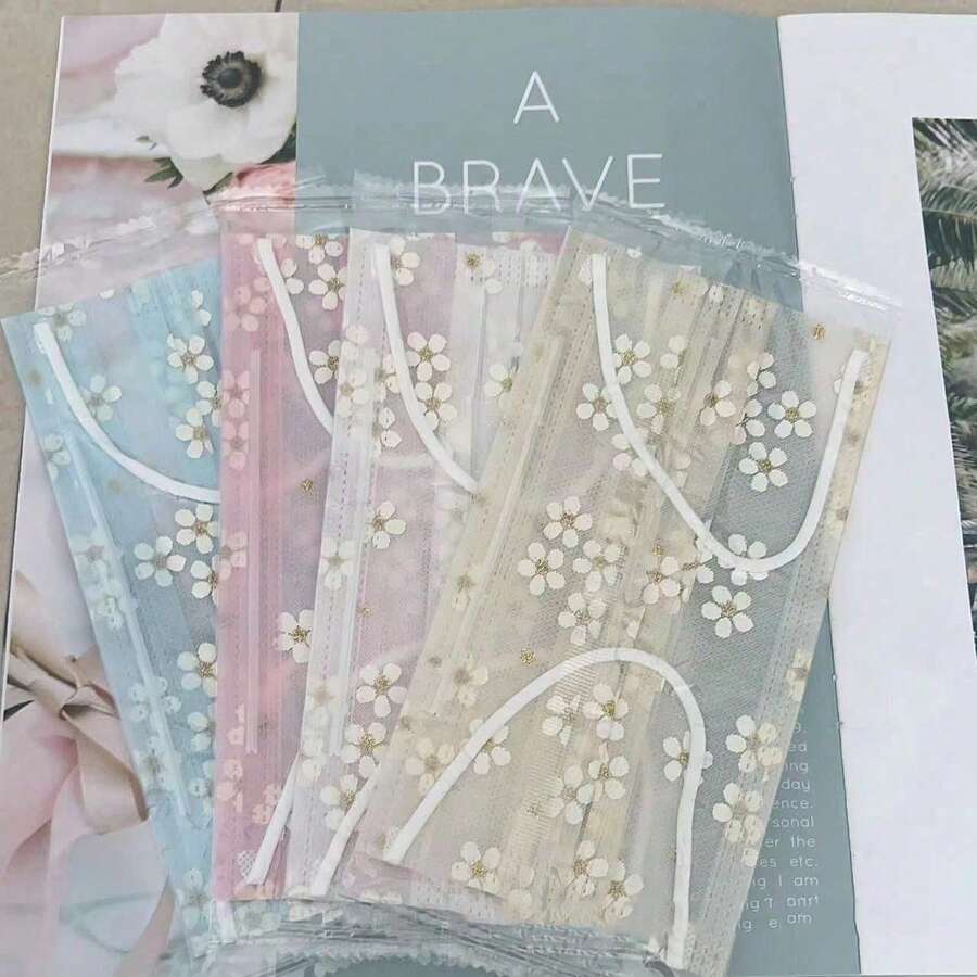40pcs Fresh Floral Mesh Face Masks, Multiple Colors Available, Breathable, Disposable Decorative Masks, Suitable For Daily Wear, Youth Protective Masks, Made Of Floral Mesh Fabric, Random Color Shipment, Mask Type: Decorative/Protective, Casual Wear, Daily Protection, Party Style, Suitable For All Seasons - Flower - View 1