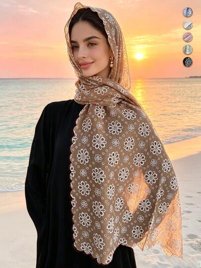 قطعة واحدة من وشاح حجاب نسائي أنيق مزين بتطريز زهرة البابونج مع ثقوب رغوية، وشاح ناعم وخفيف الوزن، متعدد الاستخدامات للخارج/الشاطئ مع الفستان