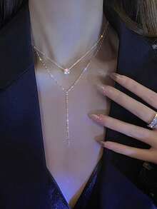 1pc Double Layer Sexy Y-shaped Tassel Dangling Rhinestone Necklace For Women - Silver - View 3