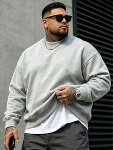 Men's Casual Sweatshirt, Slight Stretch, Men's Solid Color Plus Size Crew Neck Sweatshirt, Gift For Husband - Light Grey - View 2