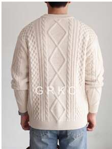 GRKC Solid Color Minimalist Cable Knit Men's Sweater, Casual Fashion Home Office Commute Long Sleeve Crew Neck Pullover, Autumn/Winter - Apricot - View 5
