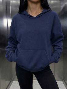 女款寬鬆海軍藍連帽套頭衫，羅紋針織細節，附口袋，秋冬舒適保暖理想選擇 - 藏蓝色 - 查看 3