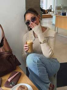 VIBEWAVE Slim Fit Diagonal Zipper Large Collar Ribbed Knit Top, European And American Hot Girl Minimalist Style Vertical Stripe Long Sleeve Sweater, Spring Autumn Coffee Shop Visit Commute Slimming Elastic Knit Sweater - Apricot - View 4