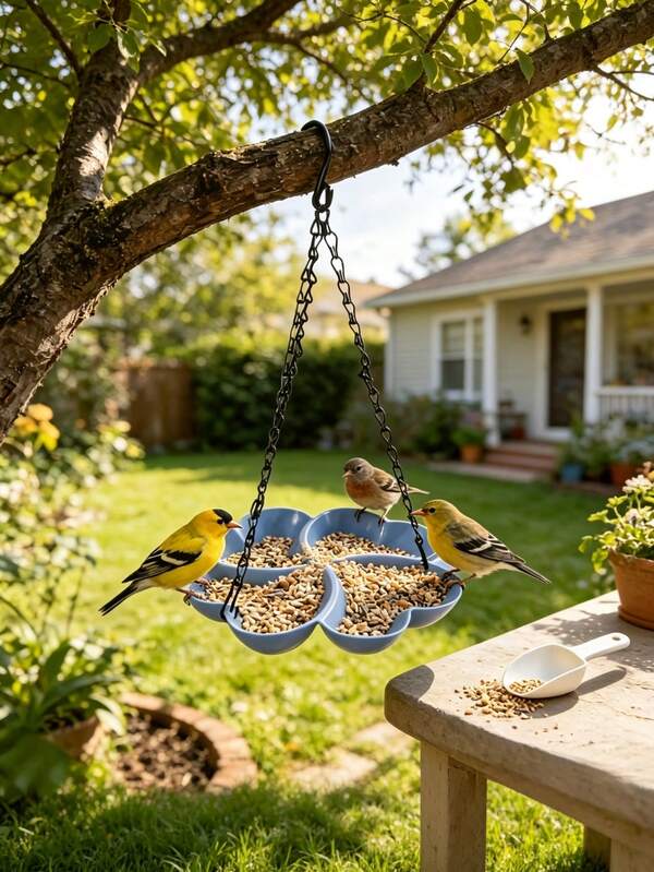 1pc Hanging Bird Feeder, Blue Clover Shaped, Outdoor Yard Wild Bird Feeding Tray, Universal Water And Food Dispenser For Pet Parrots, With Chain, Easy To Clean, Simple Hanging Bird Feeder For Bird Watching Paradise, Multifunctional Dual-Use Bird Feeder