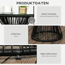 Mesa de Jardín Redonda con Diseño de Tambor Hueco, Mesa Bistro con Tablero de Vidrio, Mesa de Centro Negra para Jardín y Balcón - Negro + Ratán - Ver 5