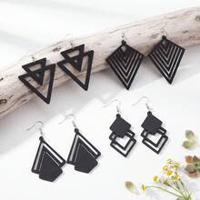 4 Pairs Bohemian Style Black Geometric Wooden Dangle Earrings For Women - Earrings - View 4