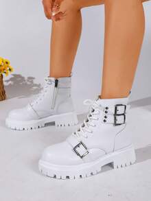 Women's White Buckle Decor Ankle Boots, Lace-Up Thick Sole Work Boots - White - View 7