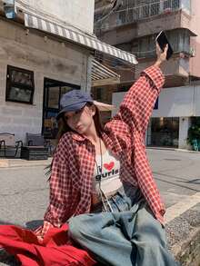 Korean Style Loose Fit Plaid Long Sleeve Shirt Streetwear - Red - View 7