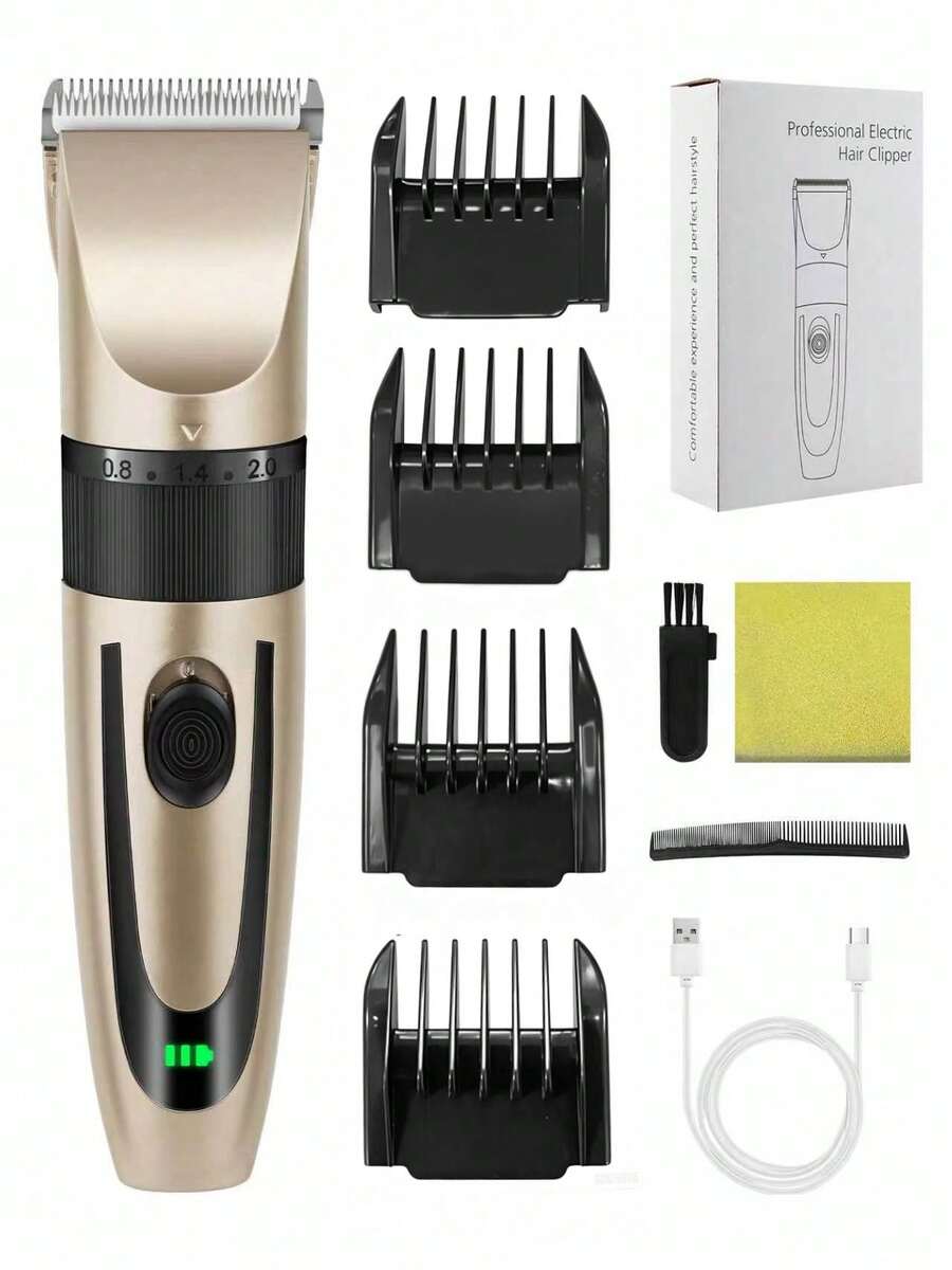 HIENA Wireless Electric Hair Clipper, USB Rechargeable, Trimmer With Battery Indicator, Adjustable Length, Complete Set, Pink And Gold - Gold - View 1