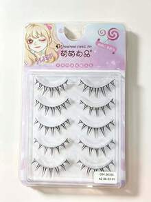 5 Pairs Long Soft Pointed Tail Curly 3D Defined Individual Full Upper False Eyelashes, Eye-Enlarging Reusable Manga Style - Black - View 7