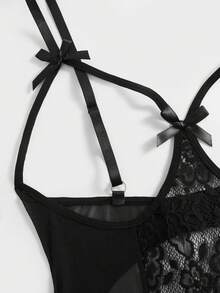 Mono de encaje floral negro con malla y entrepierna abierta para mujer, cintura hueca, cierre con gancho en la espalda, lencería transparente, ropa de dormir para dormitorio, ropa interior para salir de noche - Negro - Ver 5