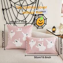 1pc Halloween Embroidered Applique 4 Floating Ghosts Pillow Case, Soft Velvet Fabric + White Pom Poms, Suitable For Modern Country Style Indoor Decor Sofa Cushion Cover, Seat Cushion Cover, Everyday All-Season Decorative Pillow Case, Without Insert - Pink - View 2
