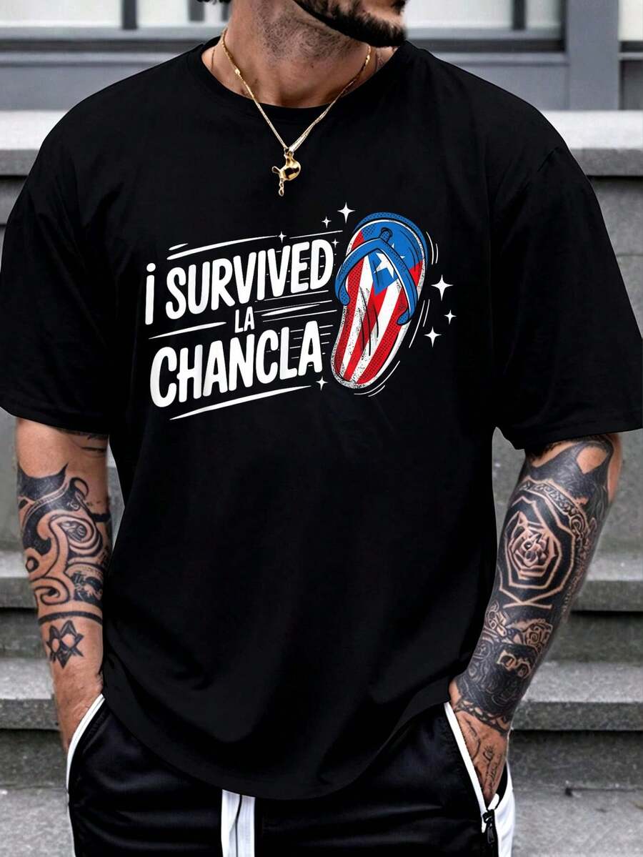 100% Cotton Chancla Survivor Puerto Rican Puerto Rico Funny Spanish Joke T-Shirt Women's Men Graphic Tee - 黑色3 - 查看 1