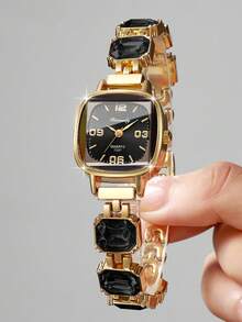 Reloj de pulsera digital cuadrado exquisito para mujer, reloj de cuarzo con incrustaciones de strass de corte de moda, regalo para novia (1 pieza/set) Caja de reloj no incluida - Negro - Ver 3