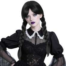 Wig Kepang Hitam Gaya Gothic Wanita dengan Poni – Wig Ekor Kuda Panjang Lurus untuk Kostum Halloween & Pesta - Hitam - View 1