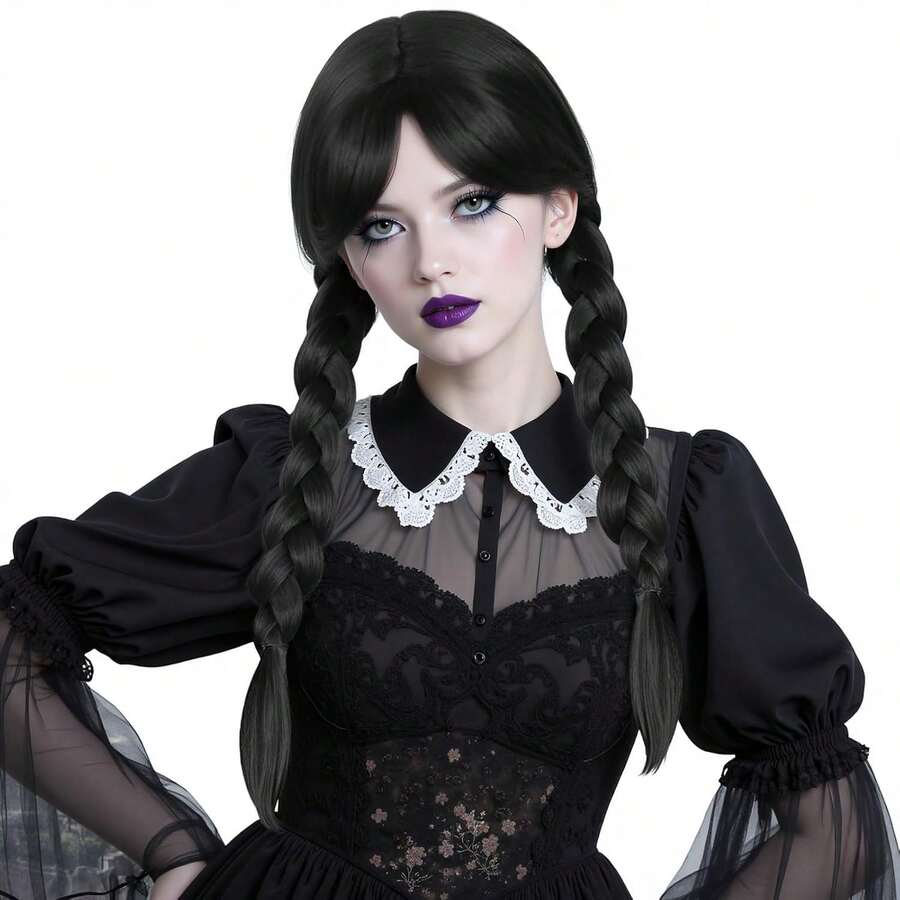 Wig Kepang Hitam Gaya Gothic Wanita dengan Poni – Wig Ekor Kuda Panjang Lurus untuk Kostum Halloween & Pesta - Hitam - View 1