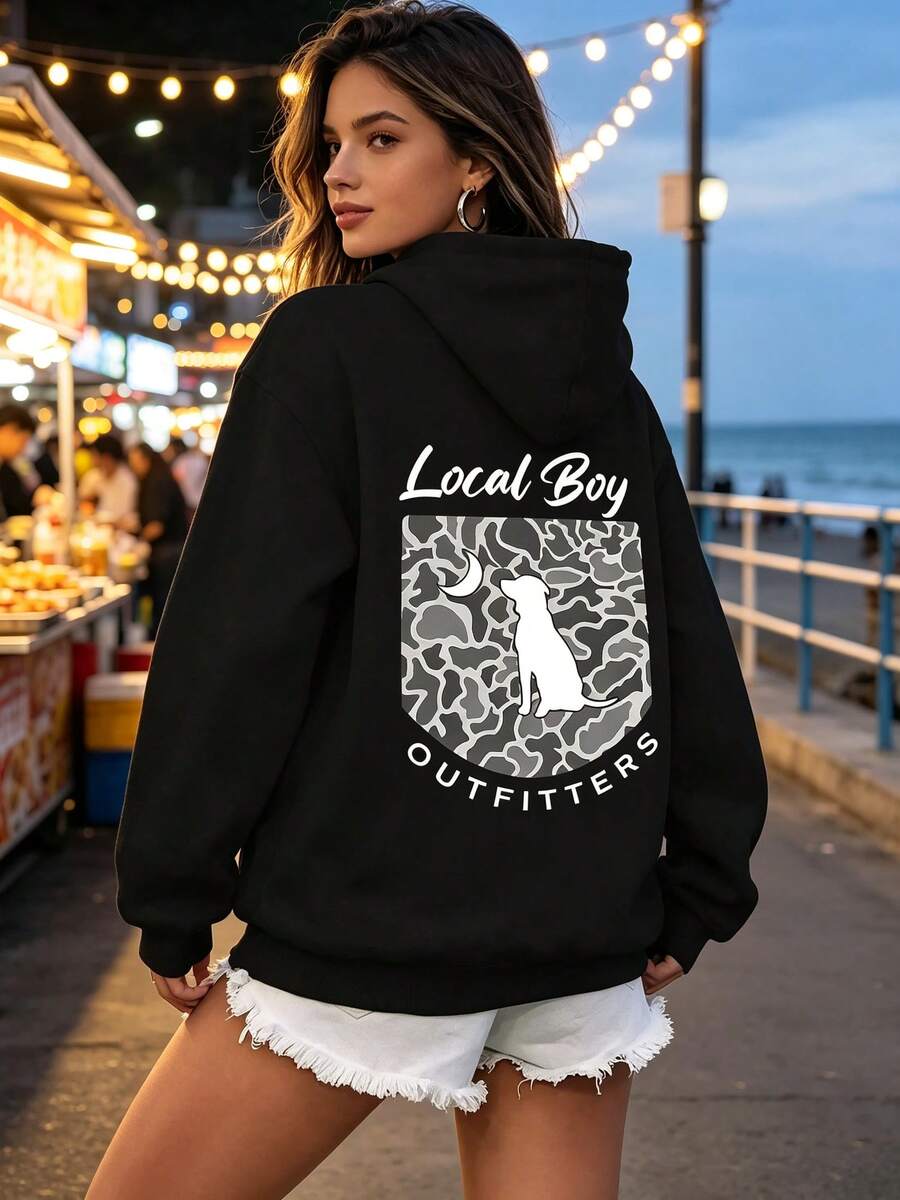 Women's Loose-Fitting Hoodie,Printed Dog Pattern Sweatshirt,Street Style,Cotton,Four Seasons Comfortable. - 黑色 - 查看 1