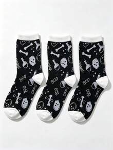 1 Pair/3 Pairs Unisex Halloween Black & White Skull Pattern Street Style Mid-Calf Socks, Couple Socks - Black and White - View 6