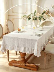 1pc Tablecloth With Scalloped Lace Trim, Polyester Fabric, Light Brown Floral Pattern, Rectangular/Square, Suitable For Dining Room And Living Room Tabletop Decor - Light Coffee - View 2
