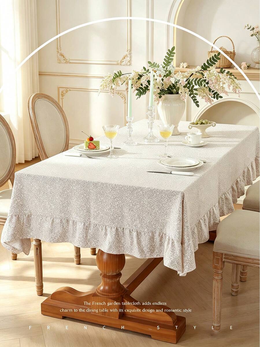 1pc Tablecloth With Scalloped Lace Trim, Polyester Fabric, Light Brown Floral Pattern, Rectangular/Square, Suitable For Dining Room And Living Room Tabletop Decor
