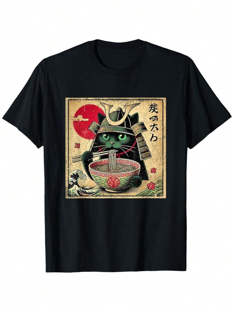 Summer Short-Sleeved Cotton T-Shirt With a Large Print of a Cat Wearing a Helmet and eating Noodles, Simple and Fashionable, Suitable For Summer - Schwarz - Übersicht 1