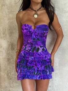 Women's Summer Printed Strapless Cake Hem Dress, Elegant Dress Suitable For Dating, Party, Vacation, Beach - Blue - View 5