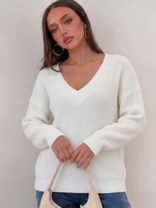 Wixra Women's V-Neck Textured Knit Sweater, Dropped Shoulder Long Sleeve Loose White Pullover - White - View 4
