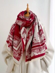 1pc Retro Scenic Wildlife Building Print 65*185cm Rectangle Scarf, Thick Faux Cashmere Brushed Polyester, Winter Shawl For Travel Party Daily Outing - Multicolor - View 4