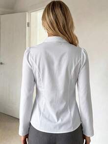 Women's White Long Sleeve Shirt Collar Top, Button Detail, Regular Fit Polyester Blouse, Autumn Fashion - White - View 6
