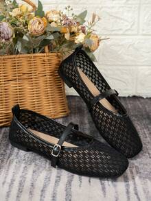 Women's Flat Square Toe Mary Jane Ballet Shoes With Diamond Hollow Mesh, Adjustable Metal Buckle, Low Vamp, Versatile For Daily Commute And Casual Wear - Black - View 2