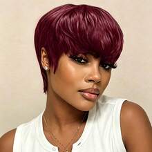 Pixie Wig Human Hair Wig Short Straight Pixie Cut Human Hair Wig 150% Density 6inch Daily Party Use Human Hair Wigs For Women Machine Made Natural Black 99j Brown Color - Multicolor - View 9