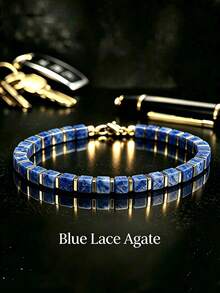 1pc Old Blue-Veined Square Bead Bracelet – An Ideal Choice For Daily Wear And A Great Gift For Friends. - Blue - View 1