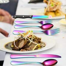 24 Piece Colorful Cutlery Set With 4 Steak Knives - Stainless Steel Cutlery Set For Home, Parties And Restaurants - Silver Cutlery Set Dishwasher , Mirror Polished Cutlery Set With , Cutlery Set For 4 People - 炫彩 - 查看 7