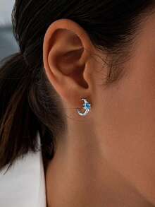 Anting Perak Murni, Anting Modis, Anting Kura-Kura Biru Lucu, Anting Lingkaran Zirkonia Kubik, Cocok untuk Pemakaian Sehari-hari, Hadiah Ulang Tahun - Perak - View 4