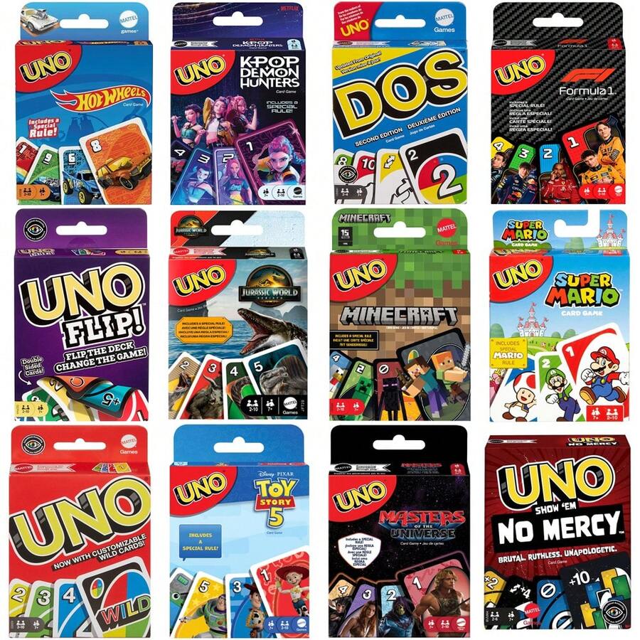 Mattel Games UNO 經典版/超級瑪利歐/Minecraft/FLIP!/侏羅紀世界/Show 'em No Mercy/F1/Elite Formula 1/Hot Wheels/DOS/KPop Demon Hunters/玩具總動員 5/Cosmic Master/卡牌遊戲