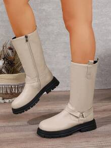Women's Round Toe Fashion White Mid-Calf Boots, Solid Color Casual Microfiber Leather Outdoor Winter Autumn - Beige - View 3