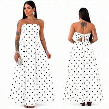 Elegant Premium Tailored Strapless Long Dress With Back Tie-Up, Trending Polka Dot - 黑白 - 查看 1