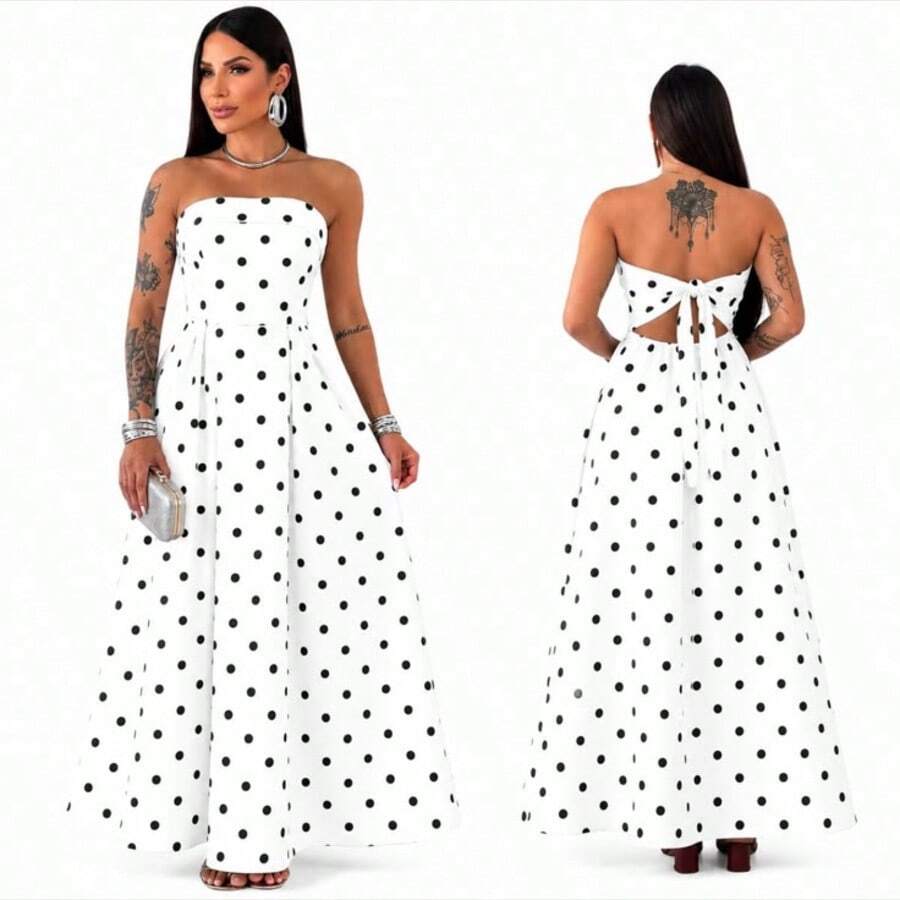 Elegant Premium Tailored Strapless Long Dress With Back Tie-Up, Trending Polka Dot - 黑白 - 查看 1