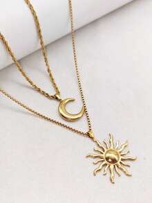 1 Set 2pcs Stainless Steel Moon & Sun Pendant Multi-Layer Stackable Necklace Set, Vintage Men's & Women's Minimalist Bohemian Style Sweater Chain Collarbone Necklace - Yellow Gold - View 5