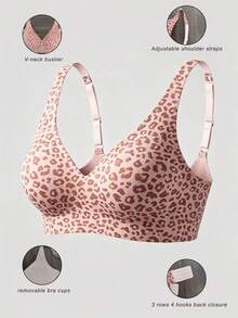 Pink Leopard Print Wireless Bra With Adjustable Straps, Removable Pads, Soft Support, V-Neck, Seamless, Comfortable Everyday Style For Women - Pink - View 2