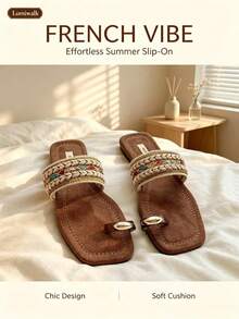 Women's Fashion Square Toe Flat Slide Sandals For Vacation, Outdoor And Indoor - Multicolor - View 3