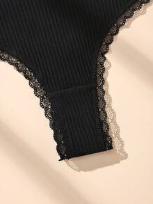 12 piezas de tangas negras con lazo, encaje y patchwork, sexys, de algodón acanalado, suaves y cómodas para mujer - Negro - Ver 6