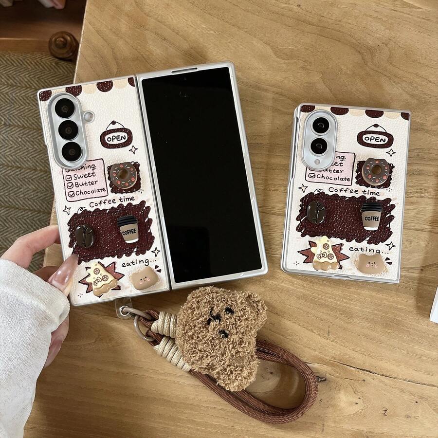 3D Dessert Coffee Bear Leather Texture Phone Case With Plush Bear Lanyard For Samsung Galaxy Z Fold3/Galaxy Z Fold4/Galaxy Z Fold5/Galaxy Z Fold6/Galaxy Z Fold7/8 Retro Cute Foldable Screen Protective Shell