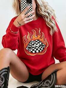 Checkered Flame Lips Shirt Western Graphic Tee Oversized Country Concert Tshirt  Western Clothes Retro Country Tee  Funny Graphic Tshirts - 紅色1 - 查看 1
